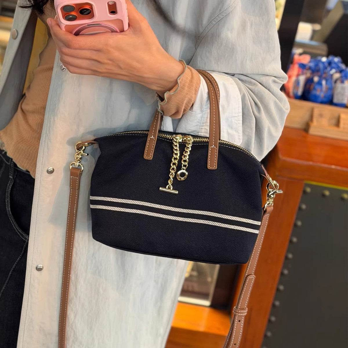 Women's Design Denim For Striped Commuter Fashion Tote Bags