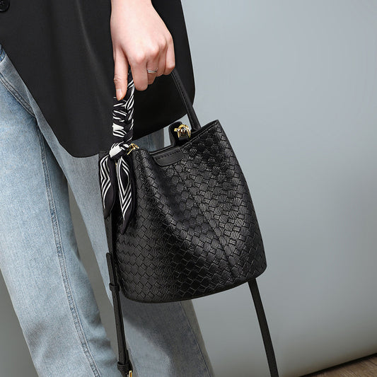 Creative Women's Leather High Sense Woven Bucket Bags