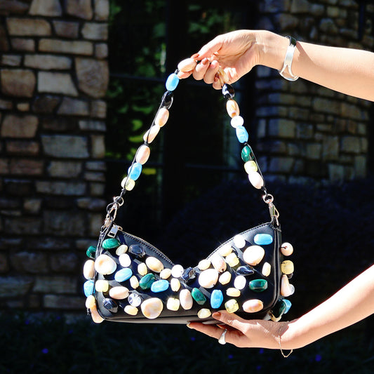 Colored Stone Decorative Black Street Fashion Women's Shoulder Bag
