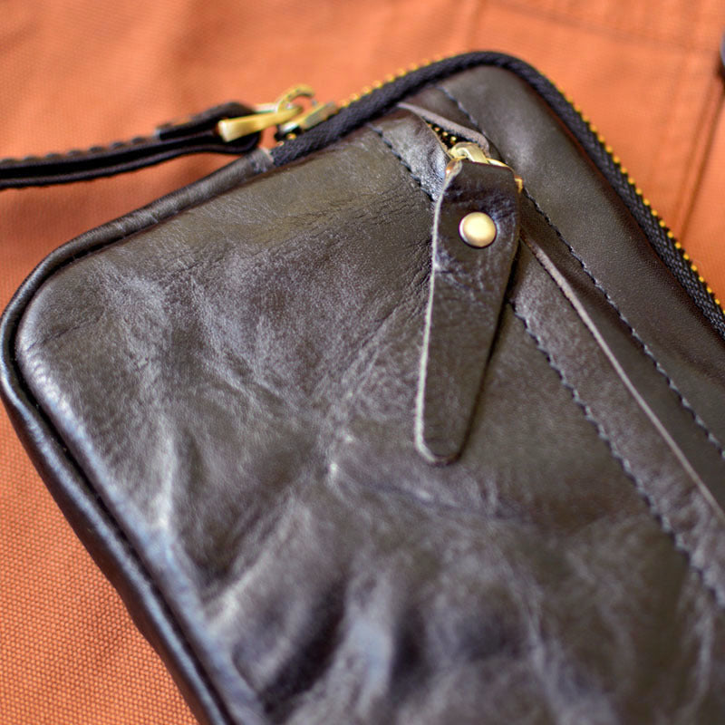 Men's Pleated Long Zipper Leather Multifunction Cattlehide Bags