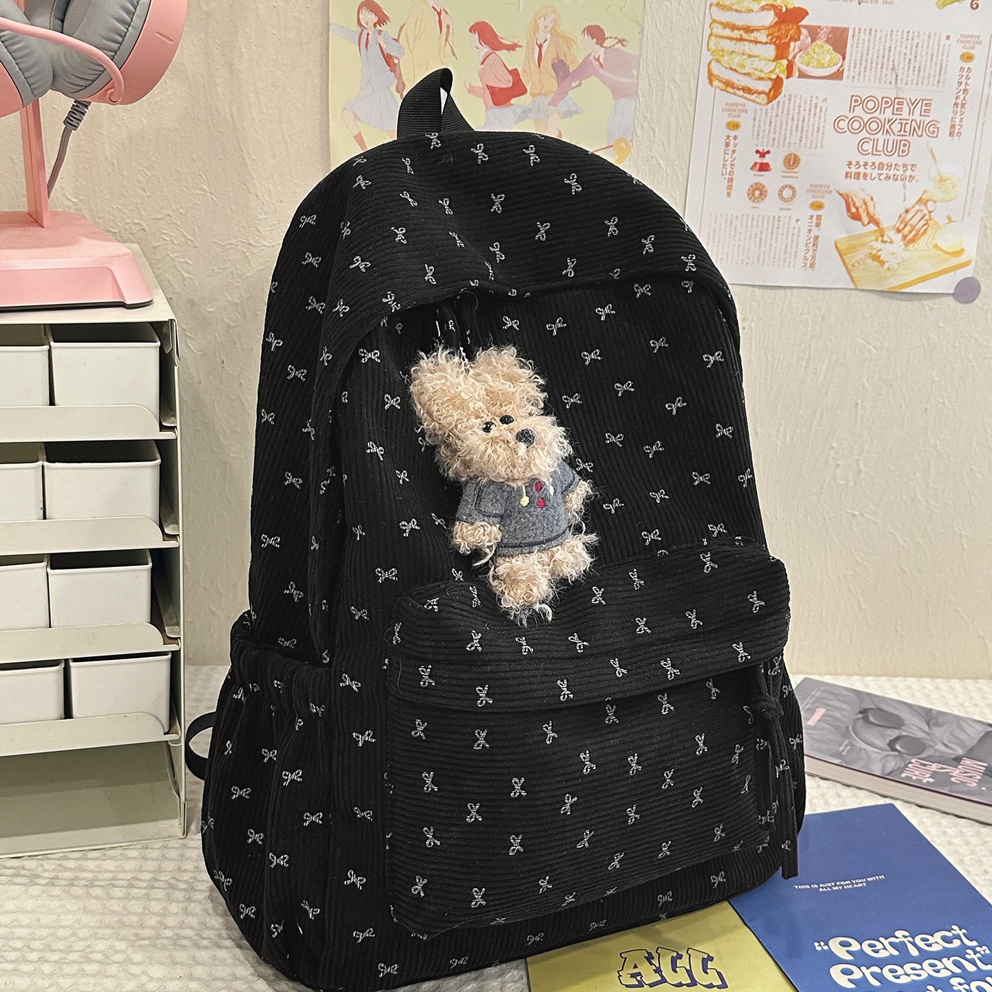 Corduroy Bowknot Large Capacity Female For College Student Schoolbag
