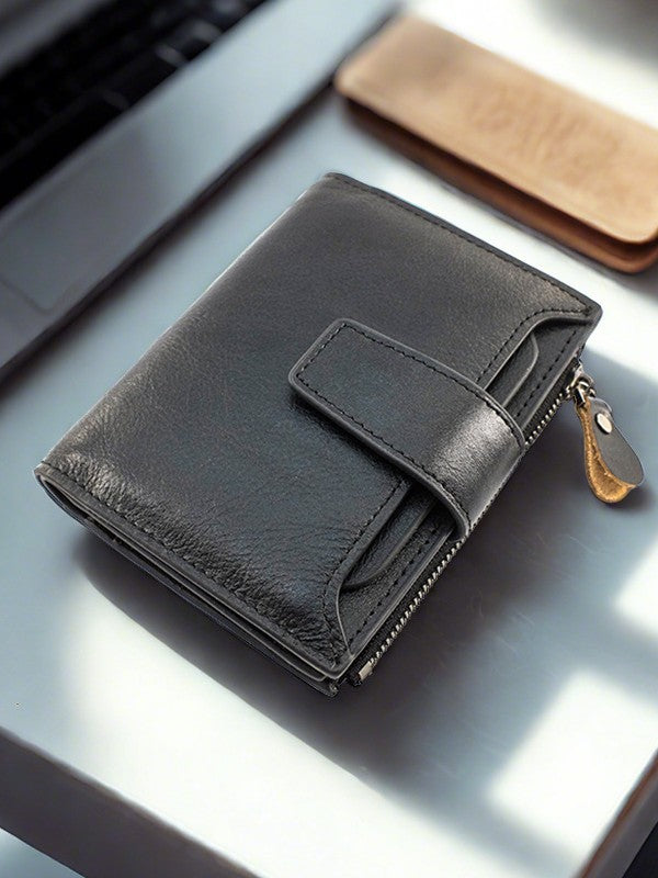 Men's Cowhide Vertical Simple Short Swiping Genuine Men's Wallet