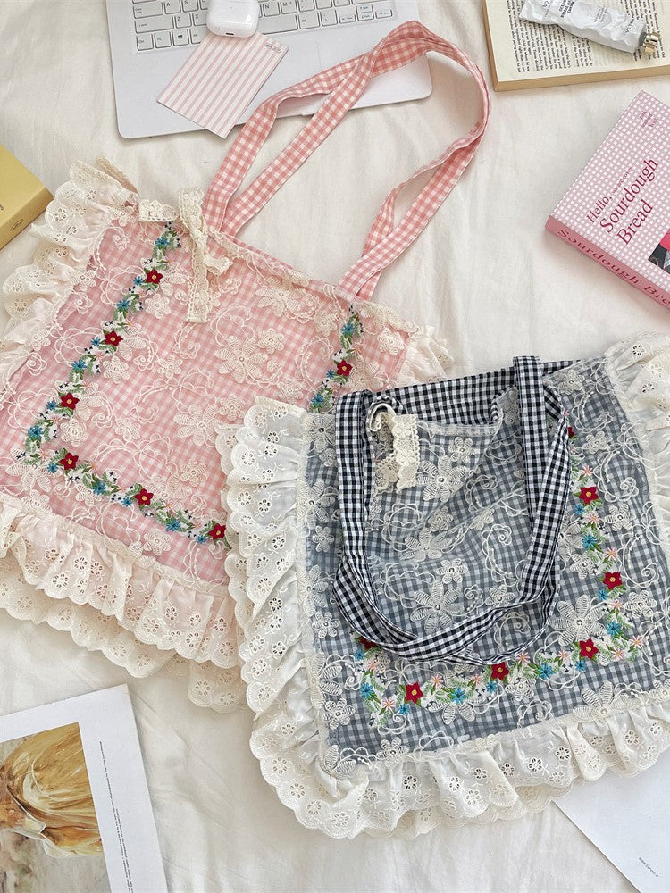 Women's Mori Pastoral Style Plaid Embroidered Lace Large Bags