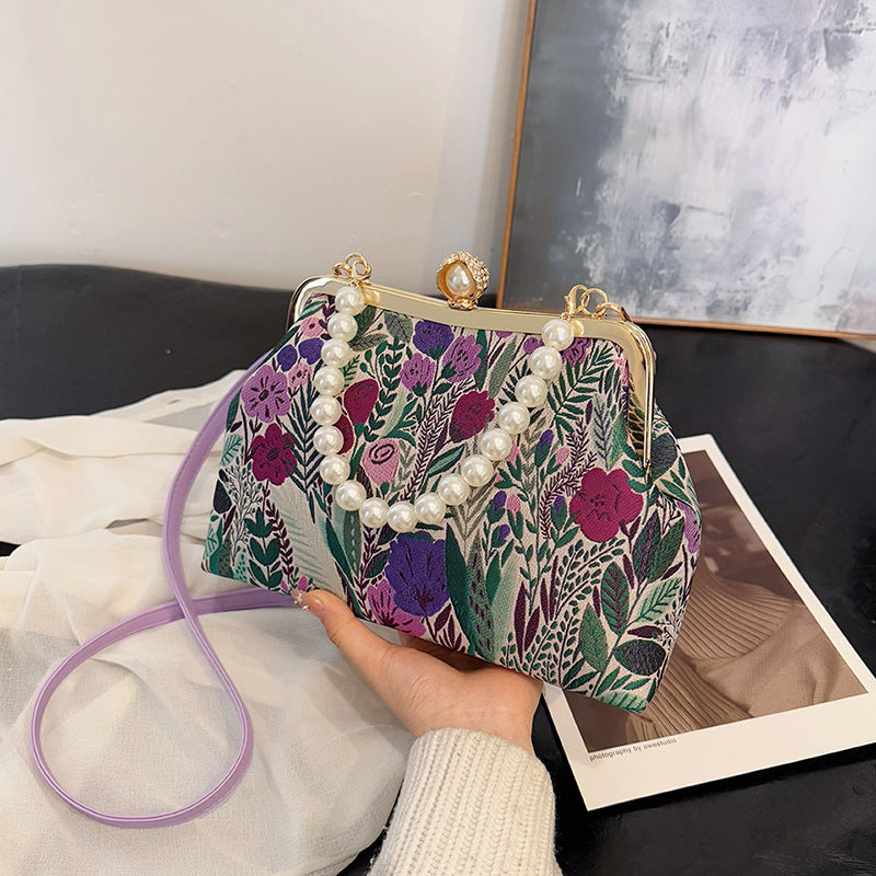 Women's Flower Embroidered Clipped Button Design Pearl Women's Messenger Bag