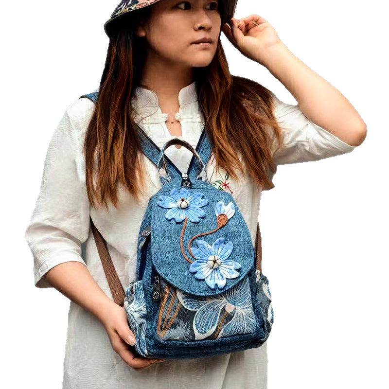 Women's Cotton Linen Canvas Ethnic Style Handicraft Blue Art Backpacks
