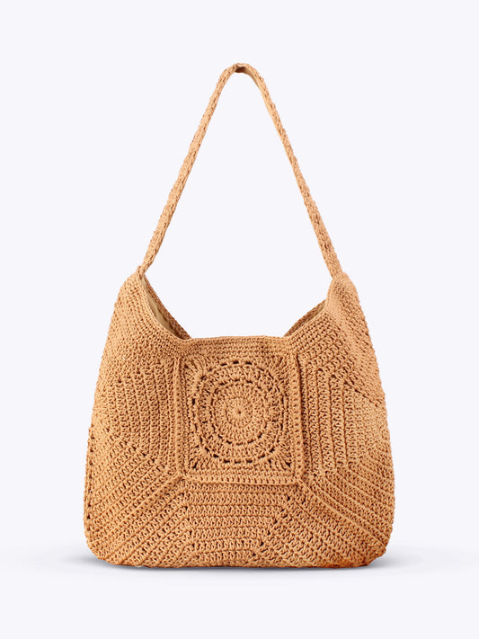 Women's Large Capacity Cotton Thread Woven Grandma Plaid Straw Vacation Women's Shoulder Bag