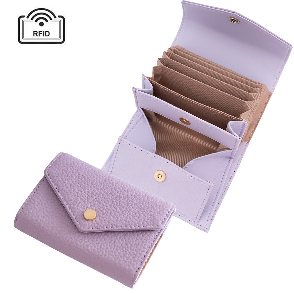 Women's Leather Swiping Multiple Slots Expanding Short Top Layer Cowhide Ladies Wallet