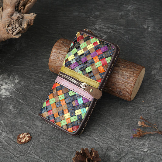 Authentic Leather Weave Color Matching Long Large Capacity Multiple Slots Ladies Wallet