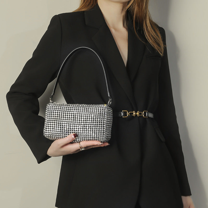 Women's Rhinestone Full Diamond Crystal Underarm Bezel Setting Brick Dinner Light Handbags