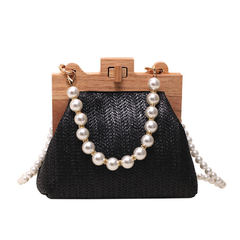 Women's Wood Clipped Button Summer Fashion Woven Pearl Shell Bags