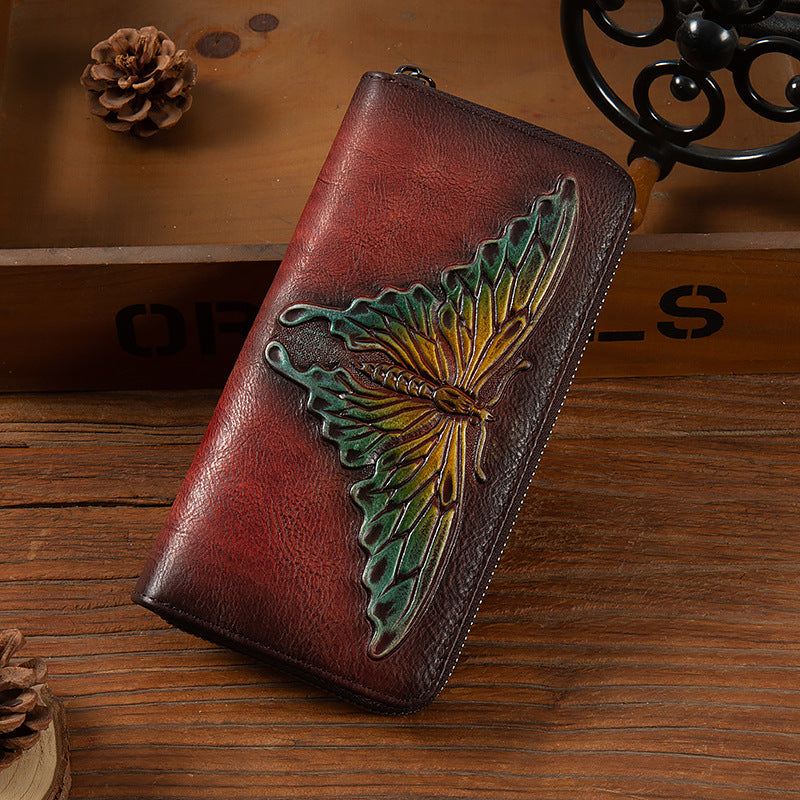 Women's Embossed Leather Vintage Clutch First Layer Cowhide Change Ladies Wallet