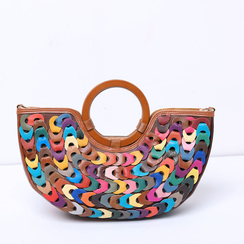 Women's Handmade Geometric Pattern Stitching Genuine Leather Cowhide Ethnic Style Bohemian Small Square Bag