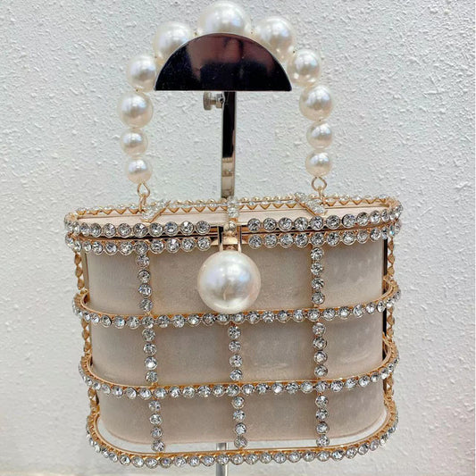 Hollow Metal Pearl Silk Satin Birdcage Vegetable Basket Bags