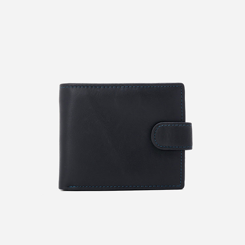 Men's Multifunctional Dark Blue First Layer Cowhide Short High Sense Large Men's Wallets