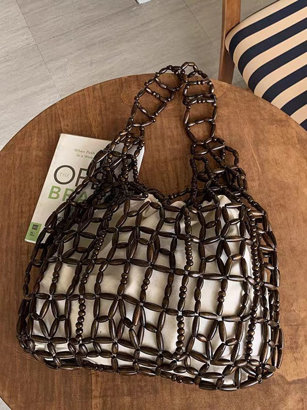 Women's Hand-woven String Wooden Bead Large Capacity Portable Niche Bags