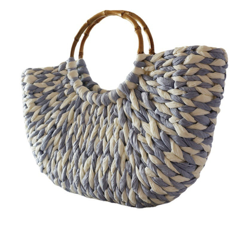 Bamboo Blue White Straw Woven Round Women's Handbag