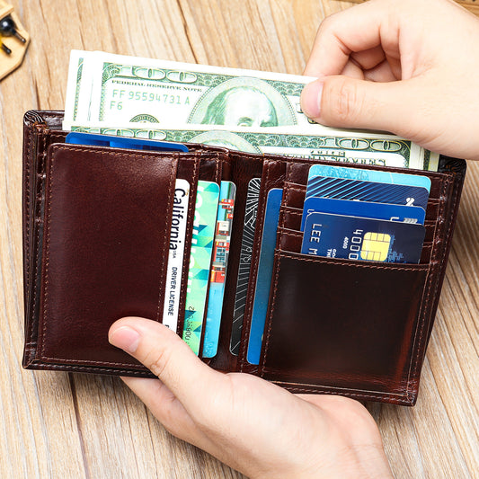 Men's Cowhide Swiping Short Horizontal Genuine Leather Retro Men's Wallets