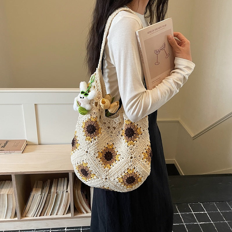 Flower Woven Fashion Simple Crochet Straw Large Capacity Cotton Thread Women's Messenger Bag