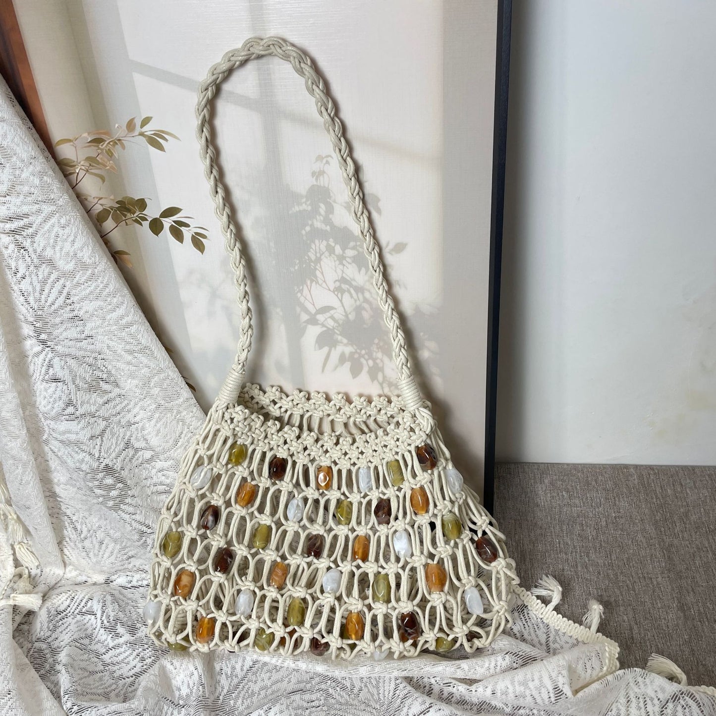 Ethnic Beaded Mesh Pocket Female Niche Wax Rope Woven High-grade Handbags