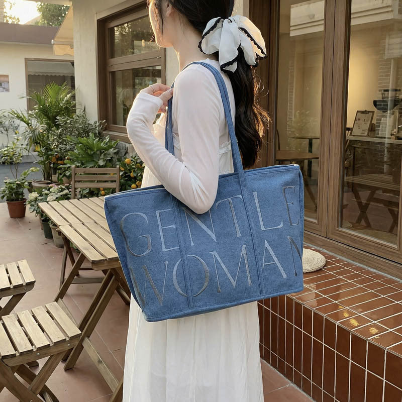 Women's Thai Letter Denim Embroidered Commuter Portable Women's Shoulder Bag