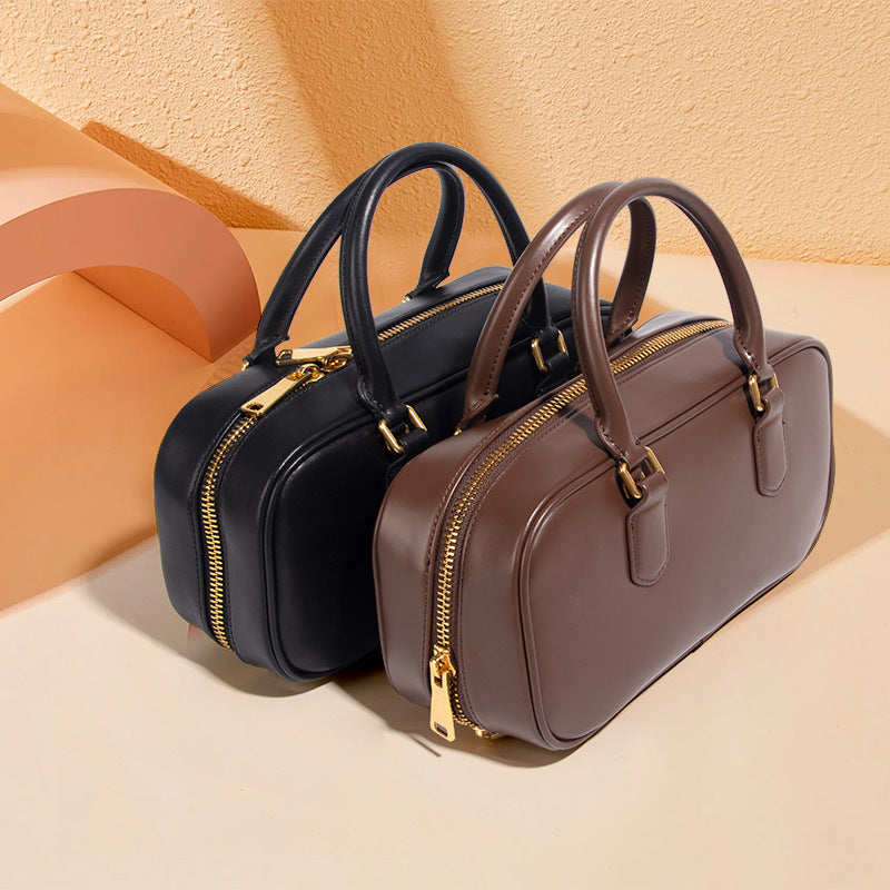 Classic Slouchy Cowhide Bowling Boston Portable Women's Handbag