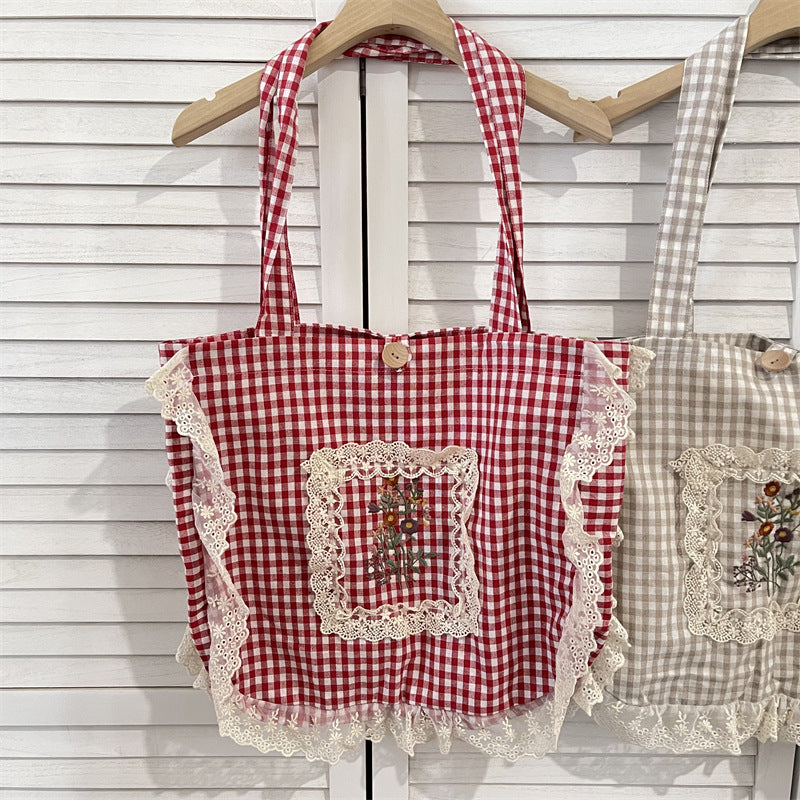 Flounce Vintage Embroidered Large Capacity Plaid Women's Shoulder Bag