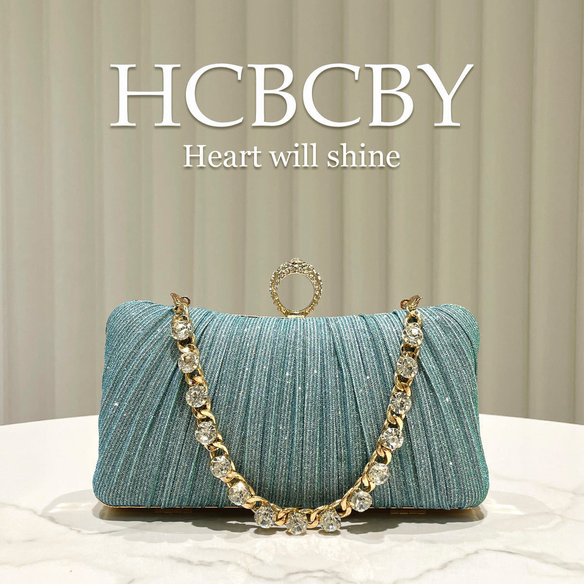 Women's Champagne Shiny Pleated Elegant Gorgeous Rhinestone Chain Clutch Fashion Dinner Bag