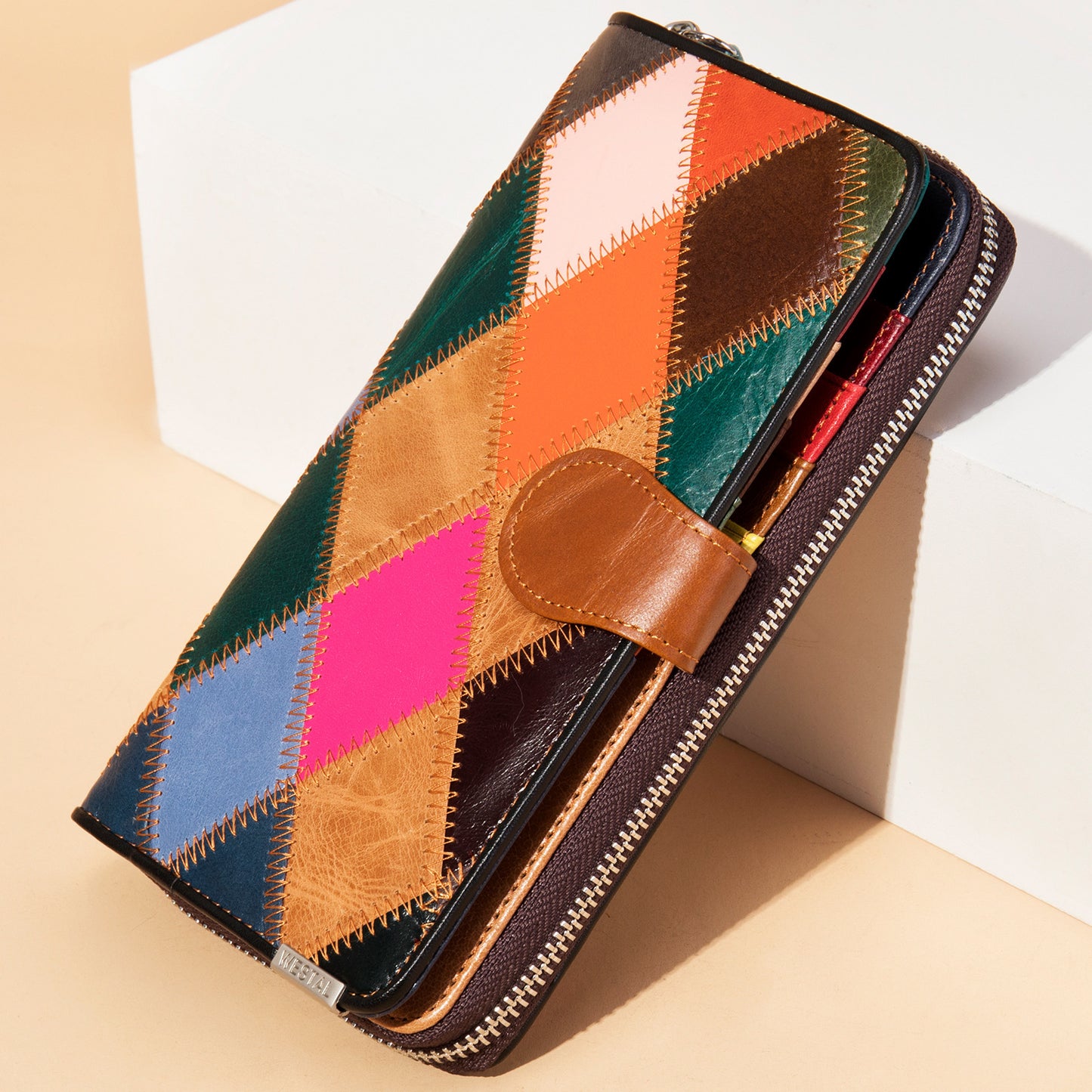Women's First Layer Cowhide Colored Mosaic Rhombus Ladies Wallet