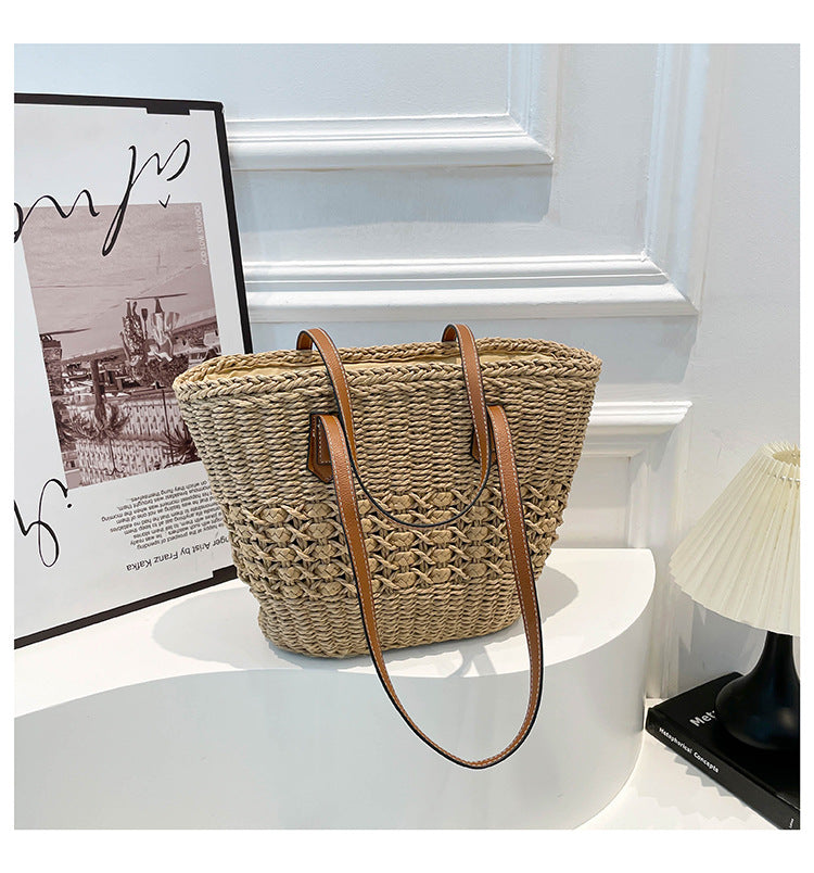Women's Rainbow Striped Straw Woven Beach Vacation Large Women's Shoulder Bag