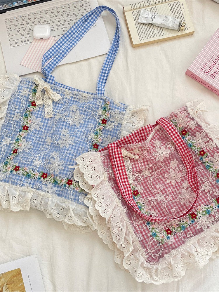 Women's Mori Pastoral Style Plaid Embroidered Lace Large Bags