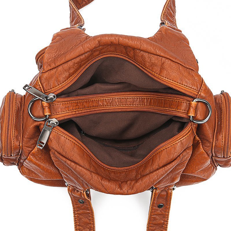 Women's Contrast Color Rivet Washed Leather Portable Soft Women's Shoulder Bag
