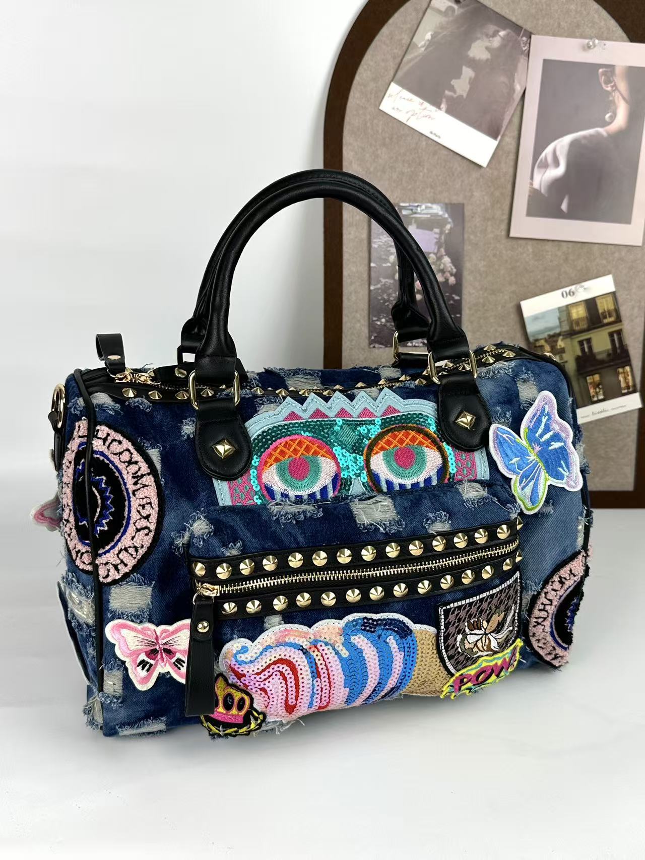 Women's Rivet Badge Embroidered Motorcycle Denim Fashion Korean Style Contrasting Color Women's Handbag