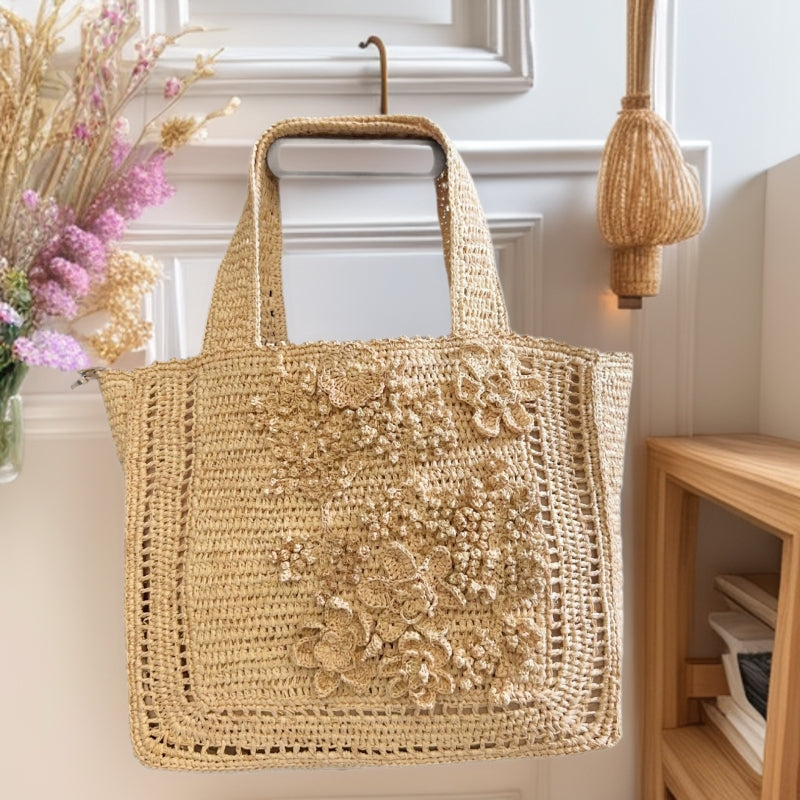 Capacity Hand Crocheting Three-dimensional Flowers Woven Summer Seaside Vacation Retro Tote Bags