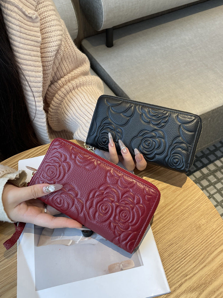 Women's Real Leather Long Single Zipper Fashion Camellia First Layer Ladies Wallet