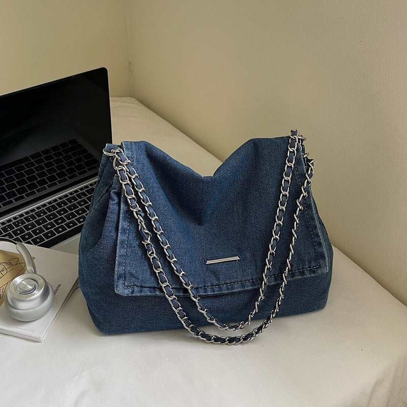 Korean Style Chain Large Capacity Denim College Shopping Tote Bags