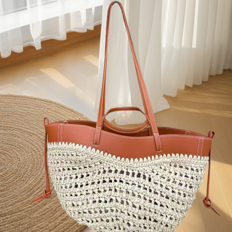 Fur Combined Summer Grass Paper Leather Stitching Commuter Seaside Vacation Women's Shoulder Bag