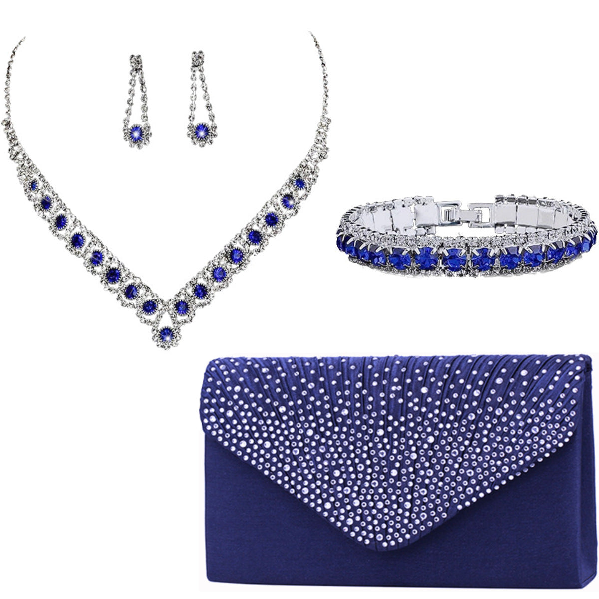 Jewelry Pcs Set Blue Zircon Necklace Earring Bracelet Satin Bags