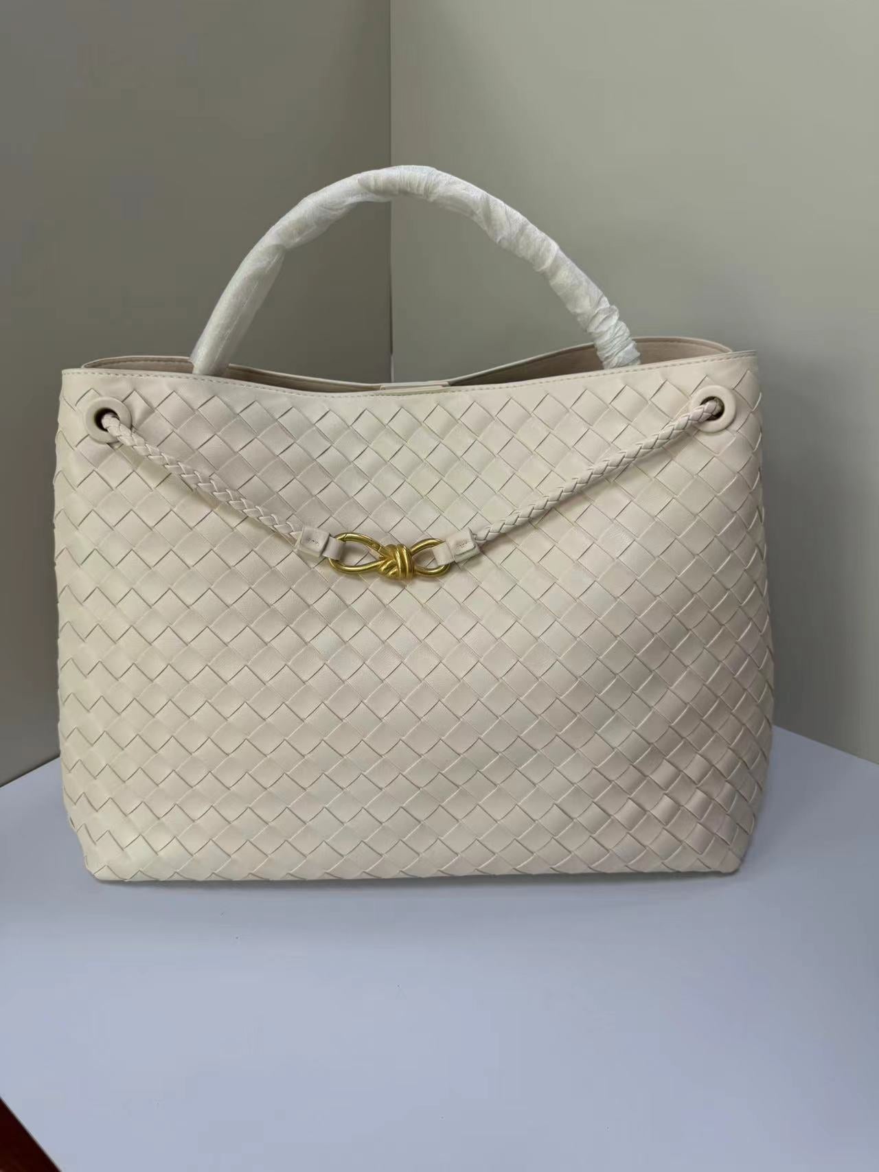 Women's Bow Metal Cord Fastener Woven Genuine Leather Bags