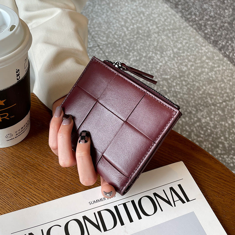 Women's Short Leather Large Woven Sheepskin Coin Purses