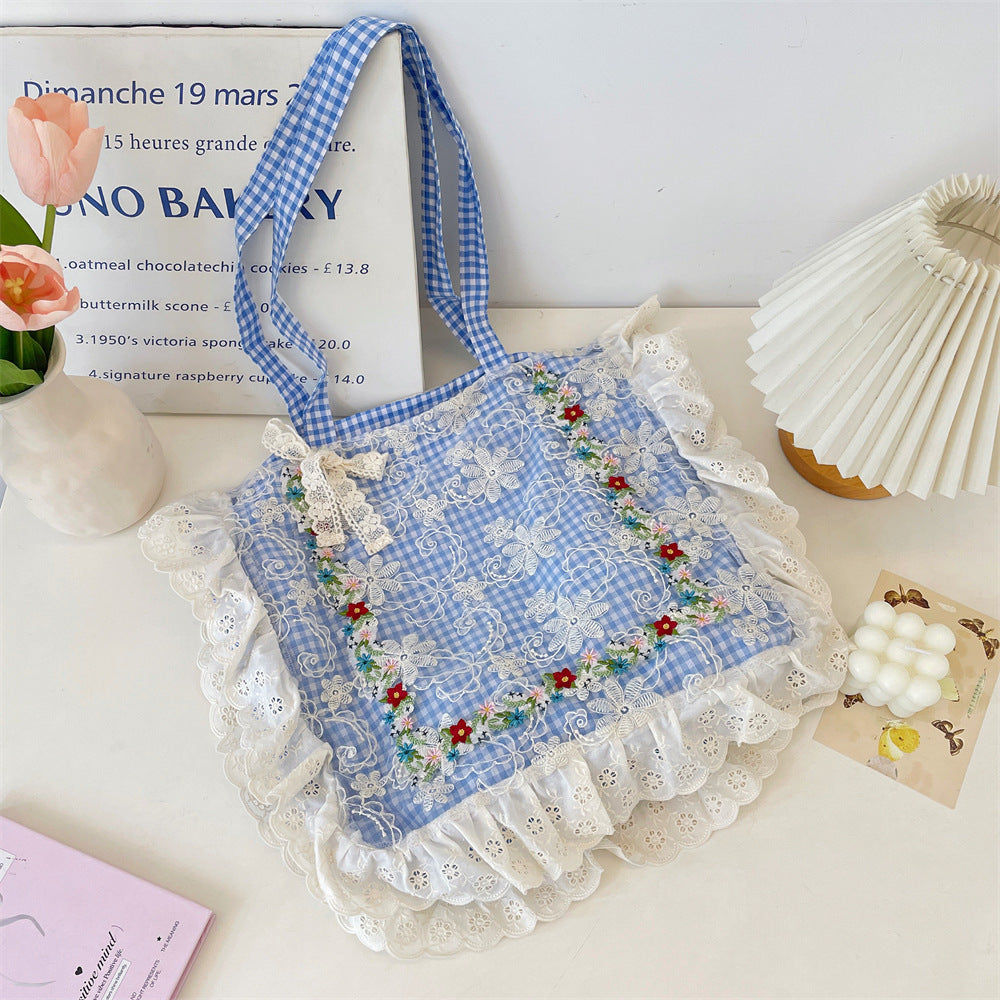 Women's Mori Pastoral Style Plaid Embroidered Lace Large Bags