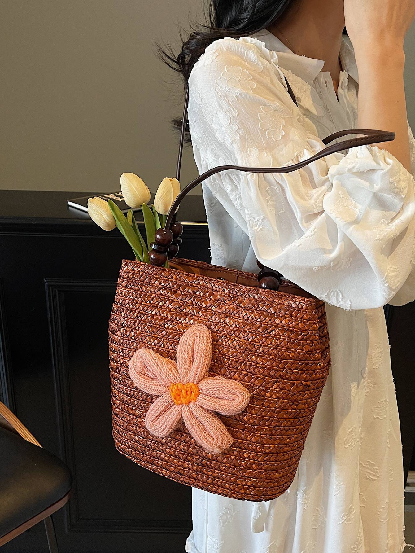 Women's Capacity Fashion Straw Woven Vacation Beach Vegetable Women's Shoulder Bag