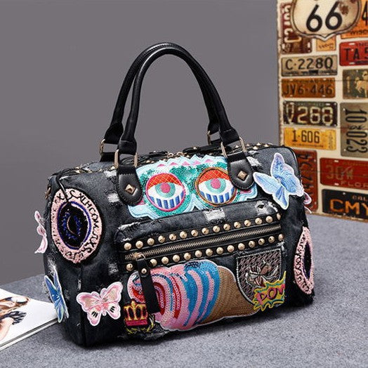 Women's Rivet Badge Embroidered Motorcycle Denim Fashion Korean Style Contrasting Color Women's Handbag
