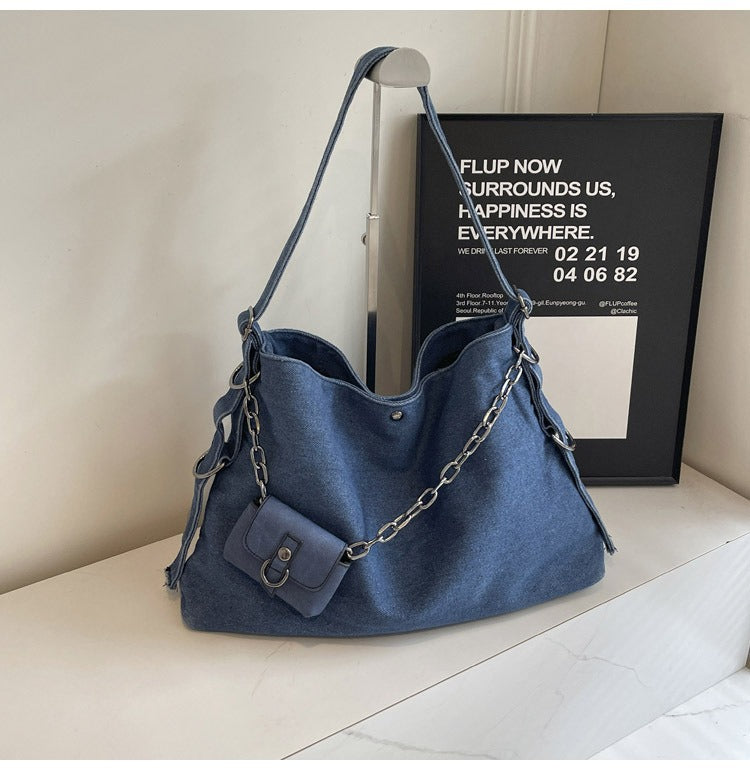 Women's Denim Large Capacity Chain Jeans Fashion Tote Bags