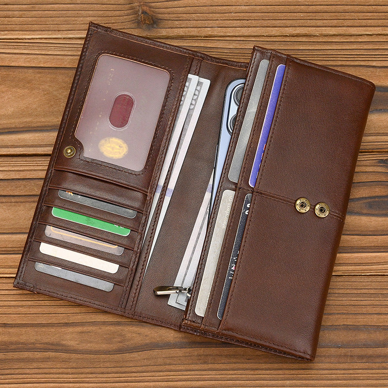 Women's Long Three-fold Leather Mobile With Zipper Pocket Multi Men's Wallet