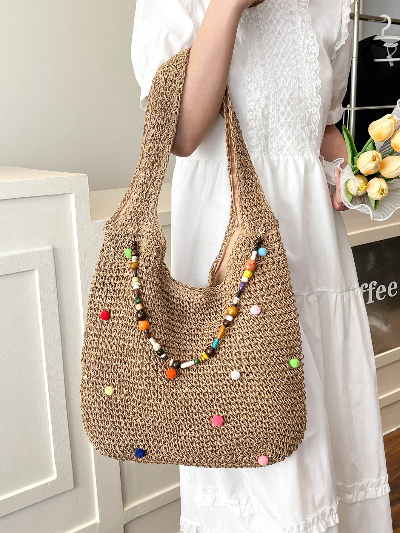 Women's Seaside Holiday Straw Woven Colorful Fur Ball Women's Shoulder Bag
