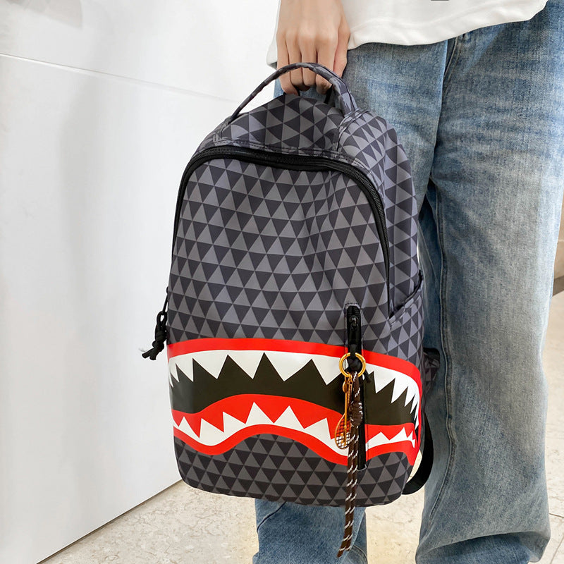 Shark Cartoon Image Printed Checks Early Backpacks