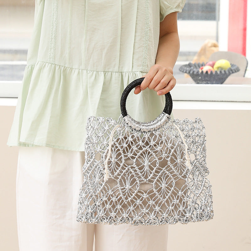 Women's Handmade Woven Fashion Drawstring Polyester Hollow Contrast Bags