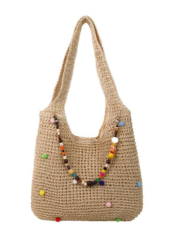 Women's Seaside Holiday Straw Woven Colorful Fur Ball Women's Shoulder Bag