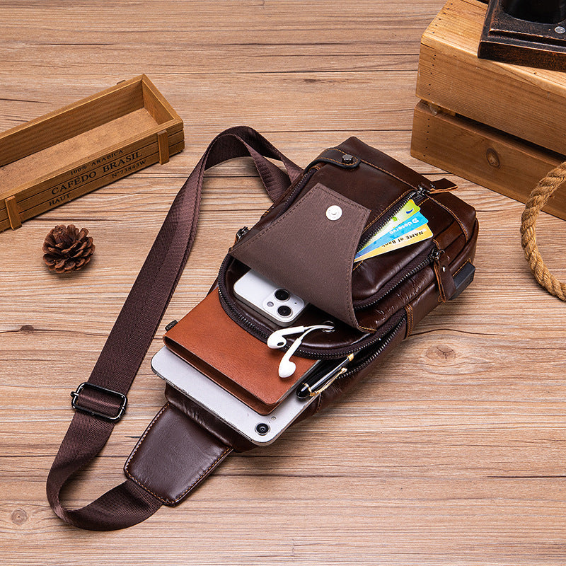 Men's Cowhide Portable Riding Cell Leather Men's Chest Bag