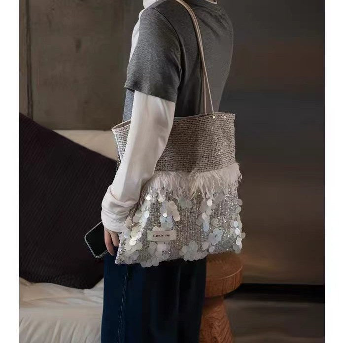 Commuter Sequined Large Capacity White Premium Design Light Shoulder Bags